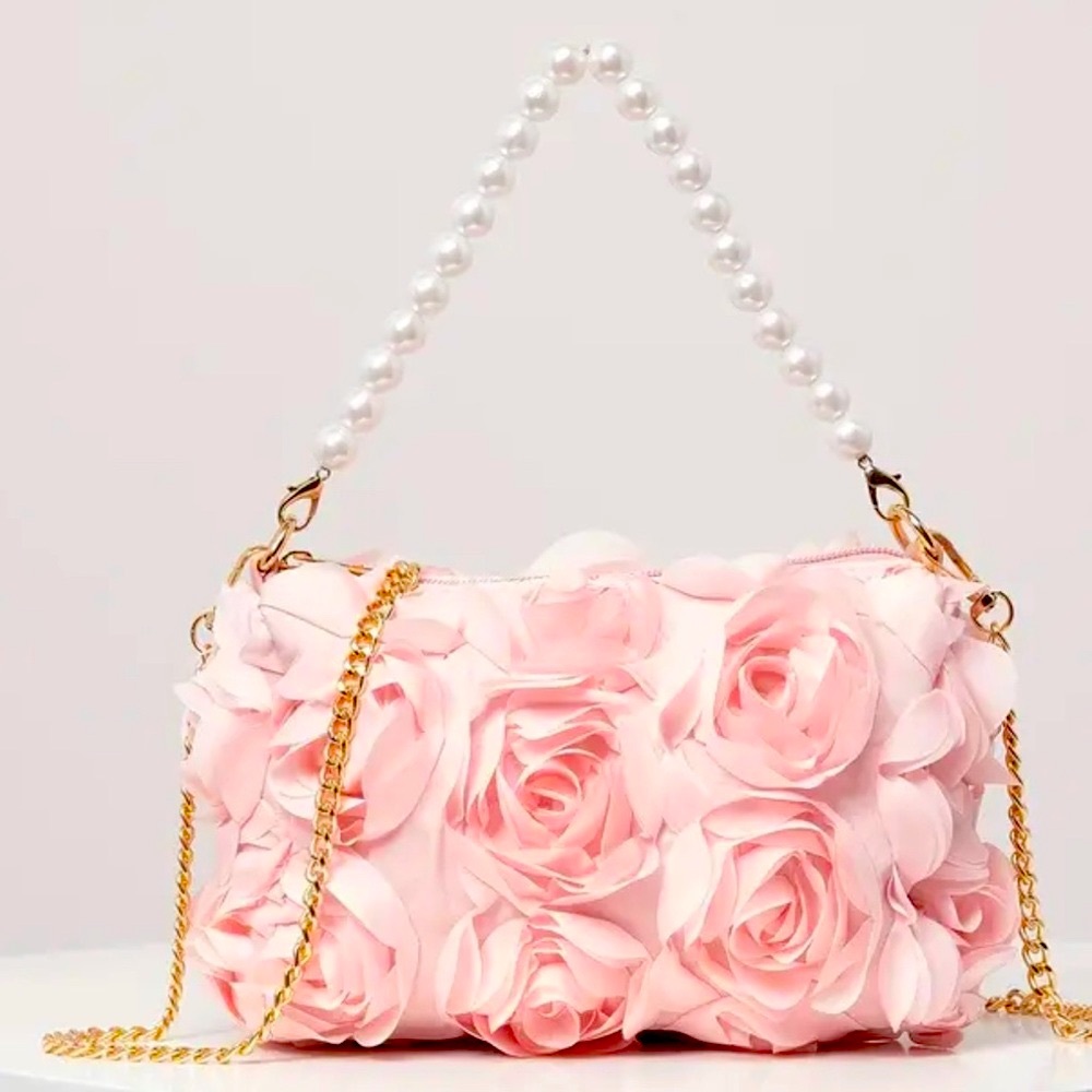 Elegant Pink Rose Bag with Pearl Detailing
